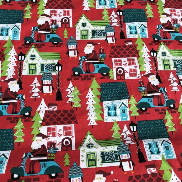 Retro Red Aqua Christmas Holiday Fabric Santa Scooter Motorcycle Holiday 1 Yard - Picture 1 of 2